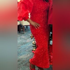 Red Sequin Dress with Puffy Sleeves